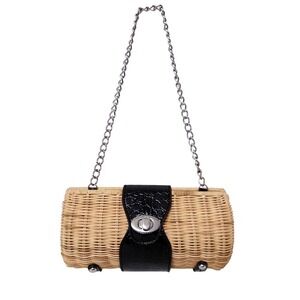 Wicker Straw Clutch Faux Leather‎ Closure and Chain - Size